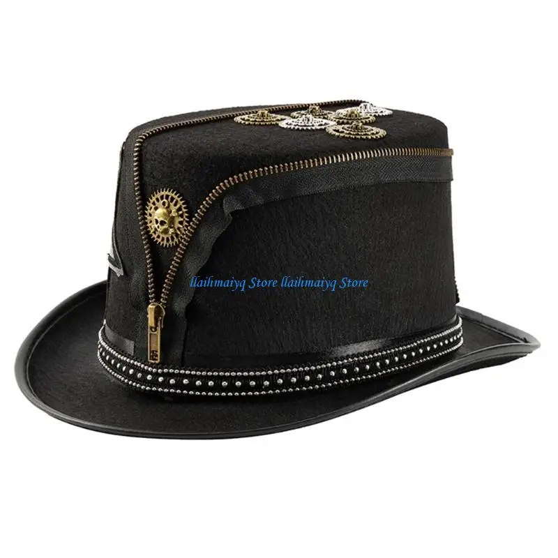 

573B Gothic Victorian Magicians Top Hat with Metal Gear Decors Cosplay Event Headpiece Accessory For Adult Theme Party Wear