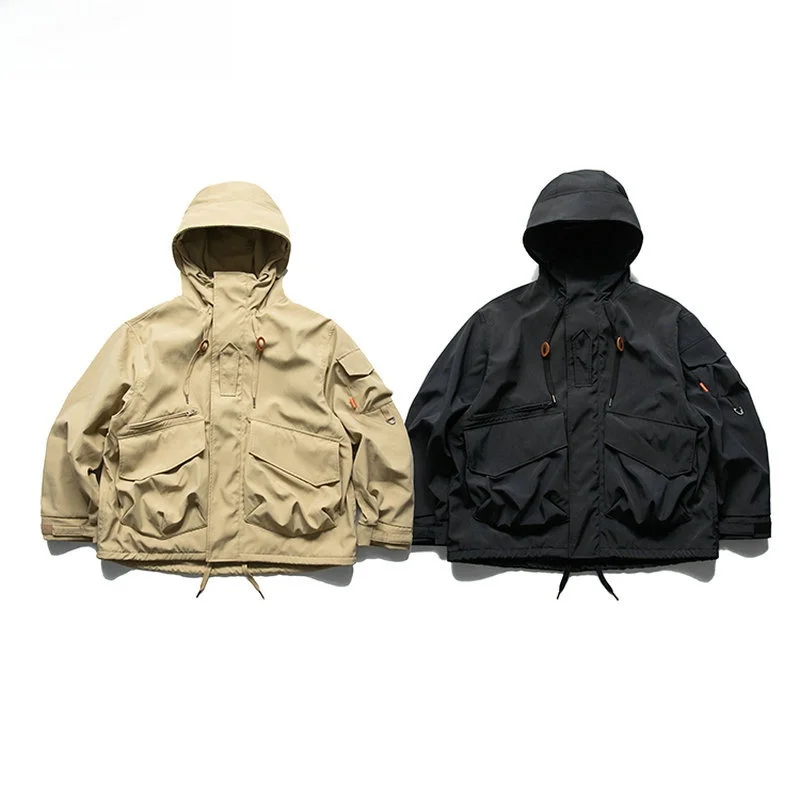 

Loose Fit Outdoor Casual Hooded Jaet Men's Vintage Retro ket Detailing Spring Season Nylon Blend Zipper Closure Outerwear