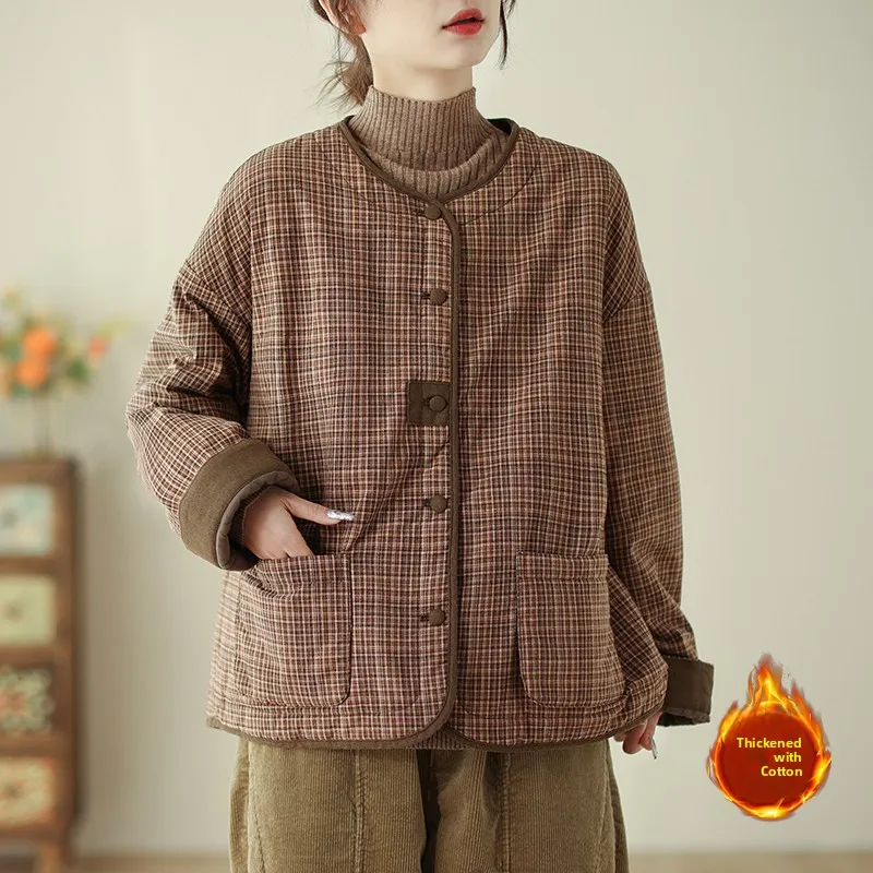 

Retro Plaid Cotton Jaet Women's Winter New Lightweight round Ne Loose plus Size Slimming Baseball Coat Warm Cotton Outerwear