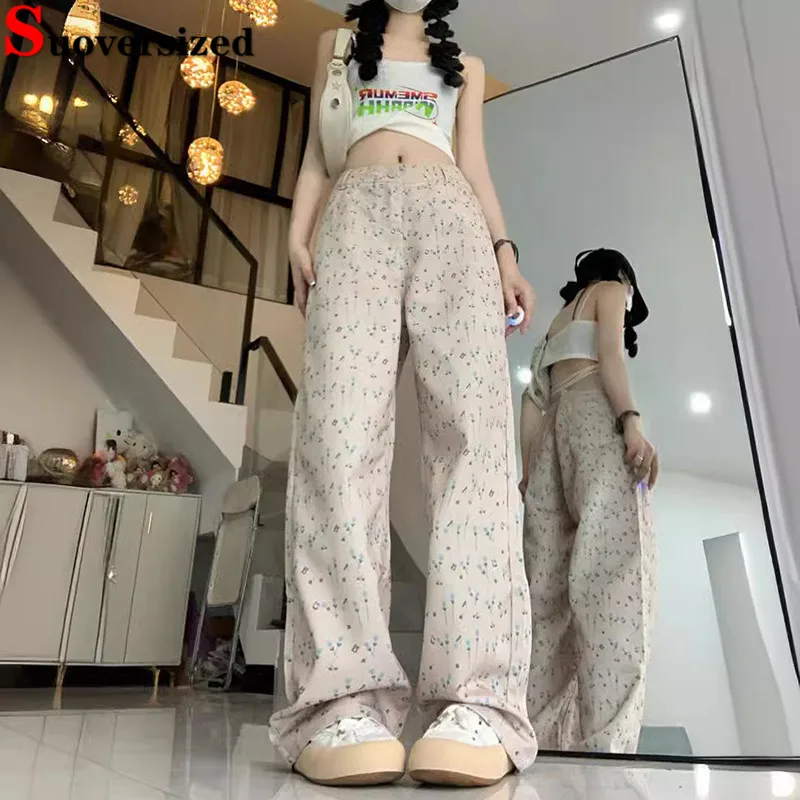 

Print Flower Khaki High Waist Straight Jeans Ankle Length Vintage Cowboy Pantalones Korea Vaqueros Women Streetwear Denim Pants