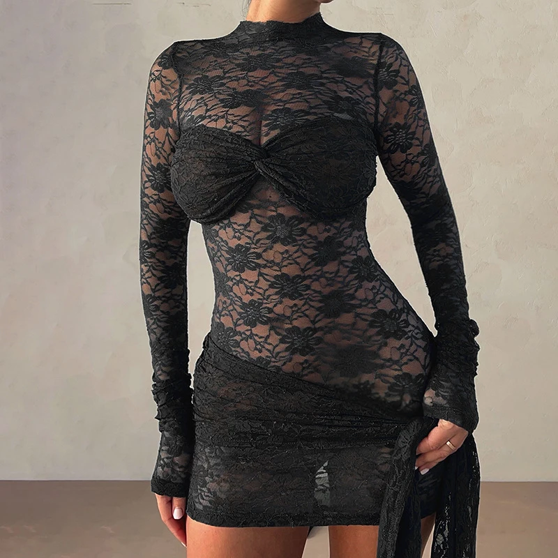 

Sexy Black Embroidery Sheer Turtleneck Sheath Dress Summer Elegant Lace High Waist Dresses Women 2026 Casual Slim Mini Dress