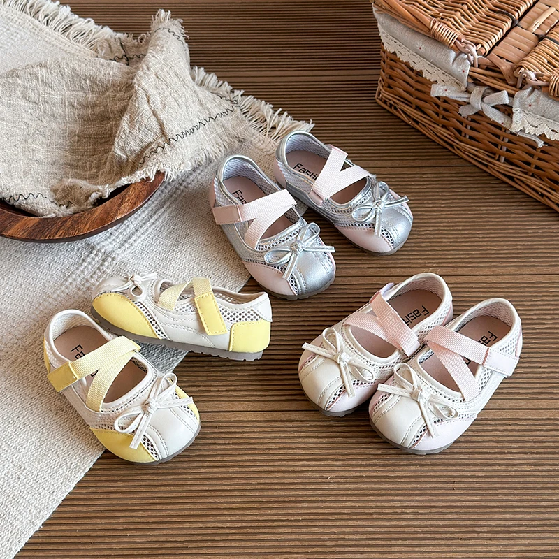 Girls' Korean Style Round Toe Leather Shoes with Bowknot Fashionable Princess Casual Daily Children's Shoes Shallow Mouth