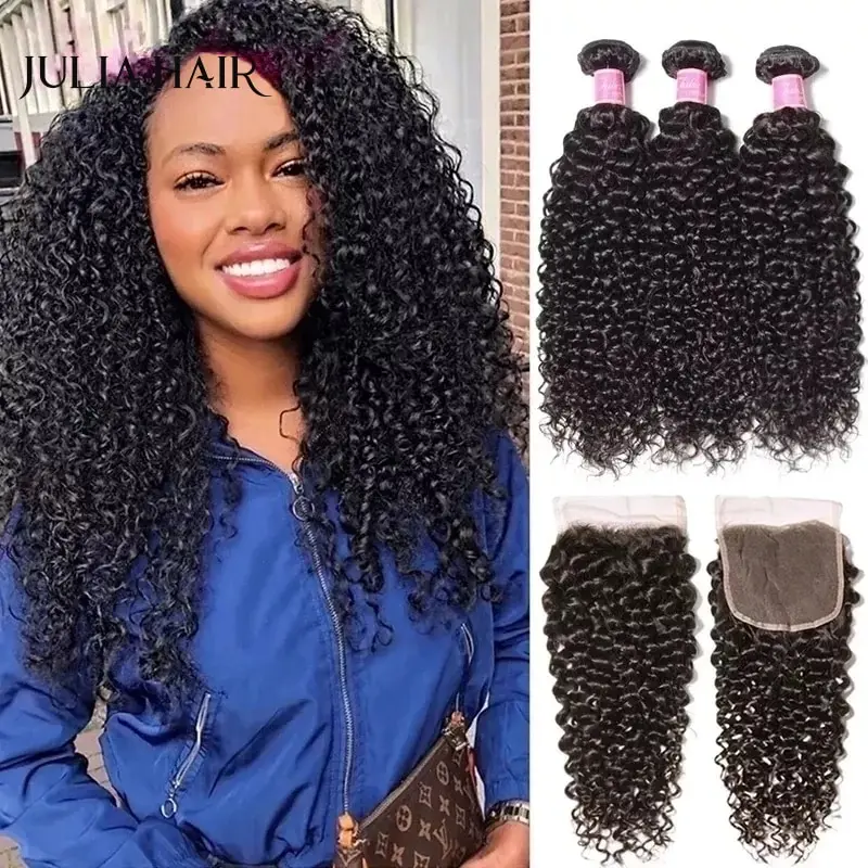 Julia Hair Curly Weave Human Hair 3 Bundles With Closure 4PCS Brazilian Hair Weave Bundles with Lace Closure Curly Hair Products