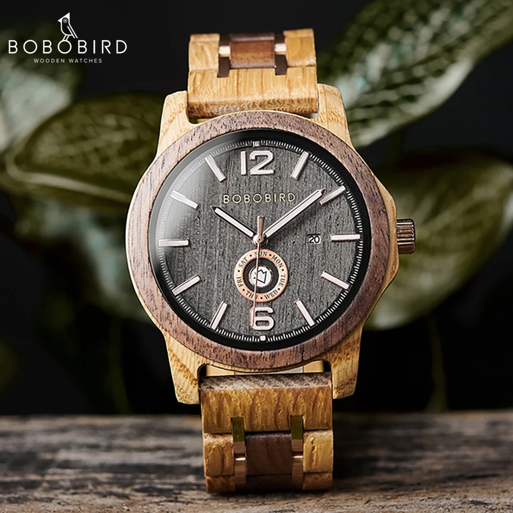 Wood Watch Japanese Movement Men\'s Quartz Wristwatch BOBOBIRD Top New Design Week Date Display Custom Watches Great Gift Box