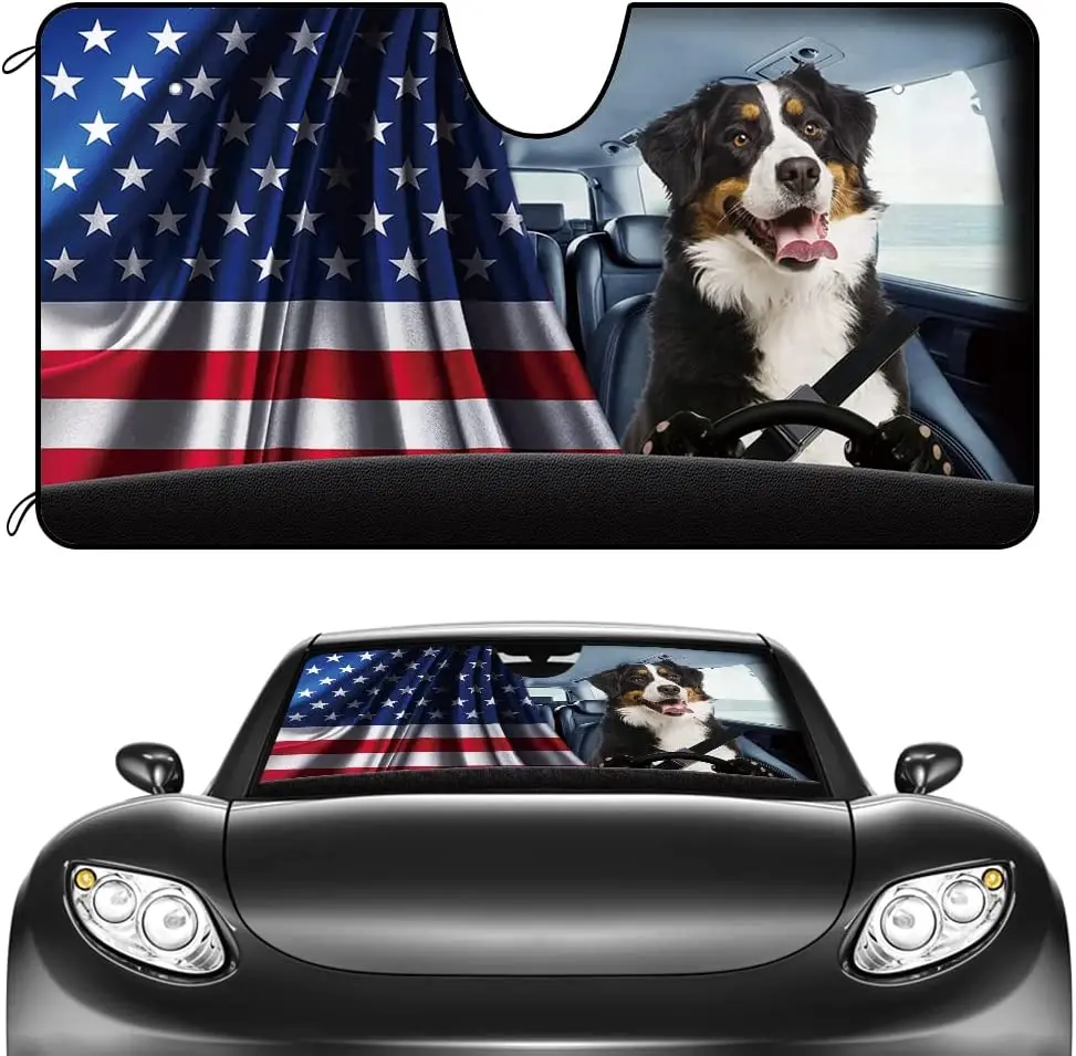 

CafeTime Dog Car Front Windshield Sunshade Australian Shepherd with American US Flag Decor Vehicle Sun Shade Visor UV Ray Reflec