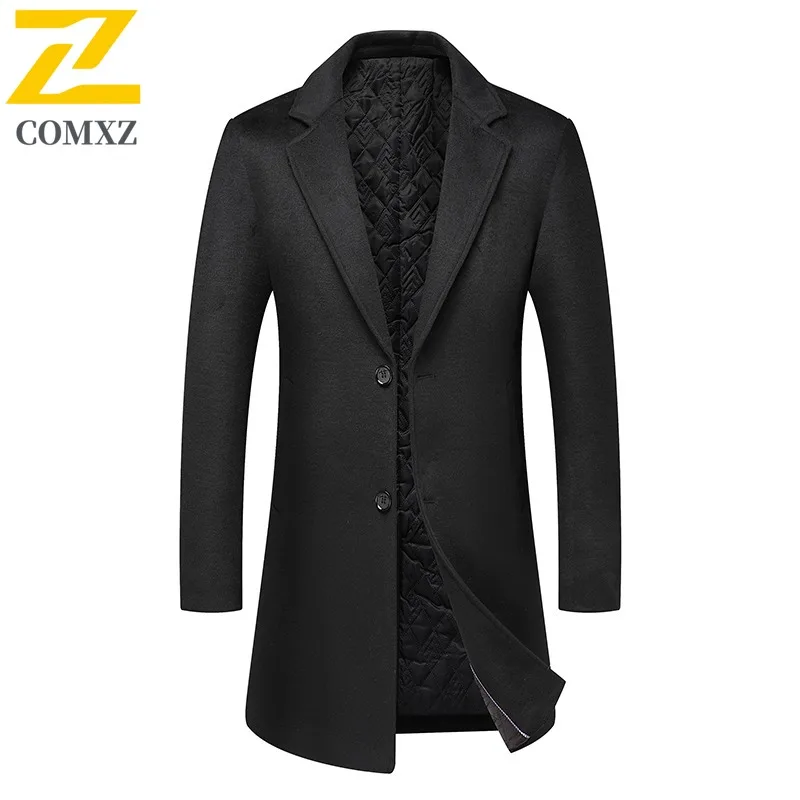 COMXZ 2025 Men Wool Coat Winter Padded Thick Long Tweed Jacket Fashion Casual Suit Collar Solid Trench Coat Trendy windbreaker