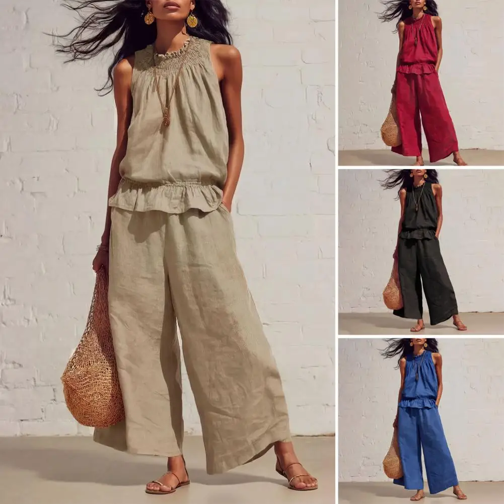 

Summer Cotton Linen Solid Color Sleeveless Vest Top Women Pants Suit Casual Pocket Elegant Female Office Retro 2 Piece Set