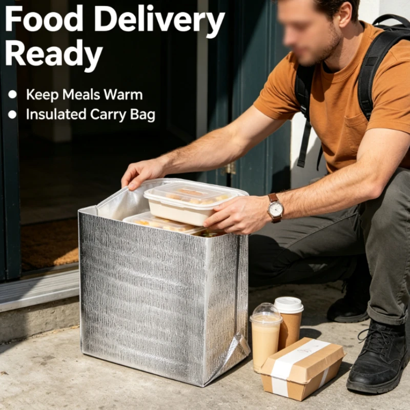 100PCS-Silver Aluminum Foil Thermal Insulation Bag With Adhesive Backing For Food Delivery And Cold Chain Logistics