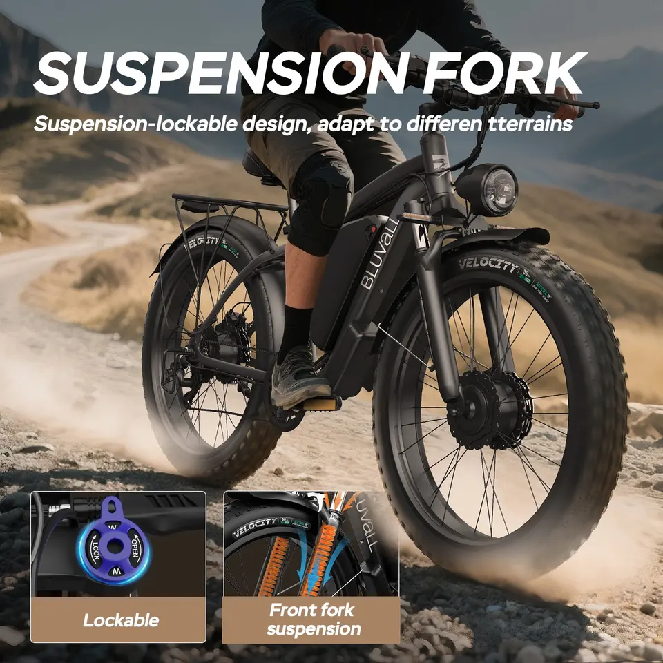 US Stock B1 Electric Bike Adults 5000W Peak 1500W*2 AWD Motor 48V 25Ah Battery 180N.m Torque 37MPH Fat Tire Ebike 26x4.0 All-Terrain Bicycle image 7