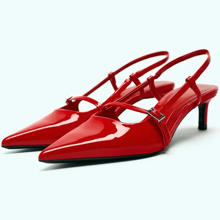 Sexy Pointed Toe Sandals Women Summer Red Thin High Heels for Women Patent Leather Back Trip Strap Mules Wedding Women Pumps