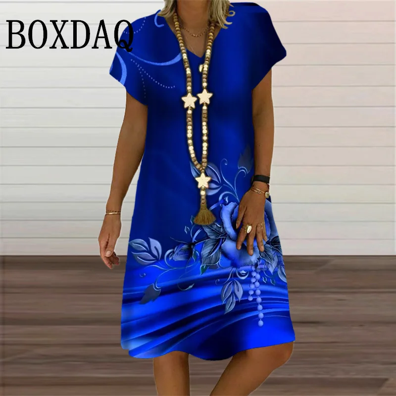 New Arrival 2024 Summer Dresses Women Beautiful Blue Flower 3D Printed Loose Dress Casual V-Neck Short Sleeve Midi Dress Ladies