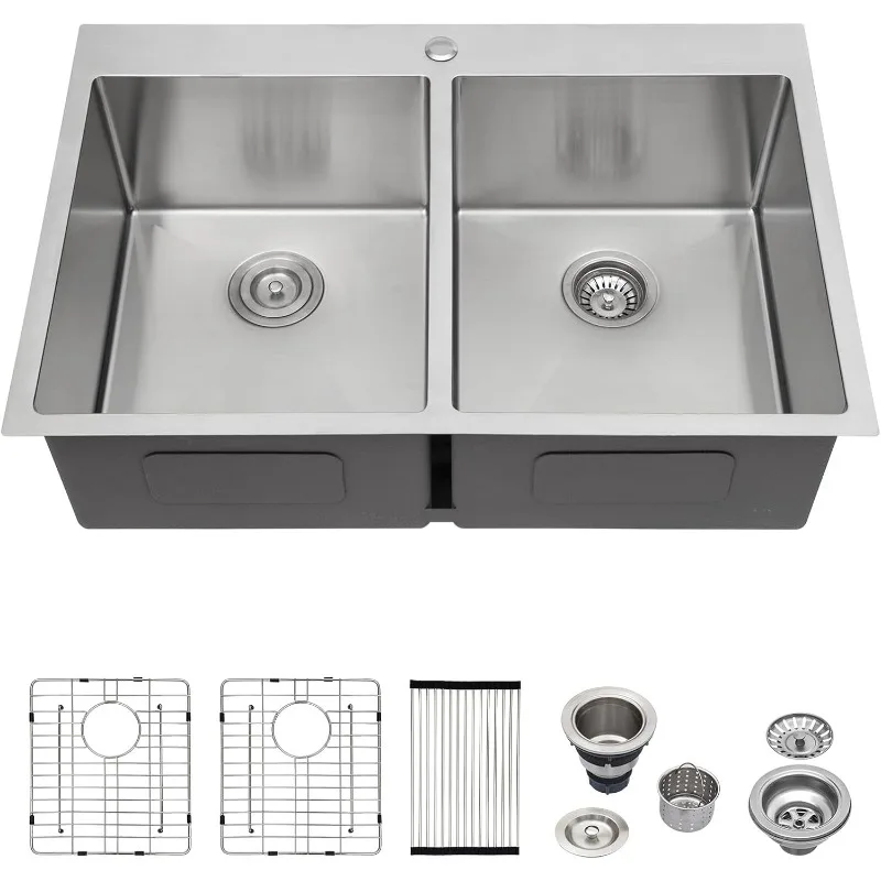 33 Inch Drop In Kitchen Sink - 33x22 Stainless Steel 50/50 Double Bowl Kitchen Sink 16 Gauge Topmount Kitchen Sinks