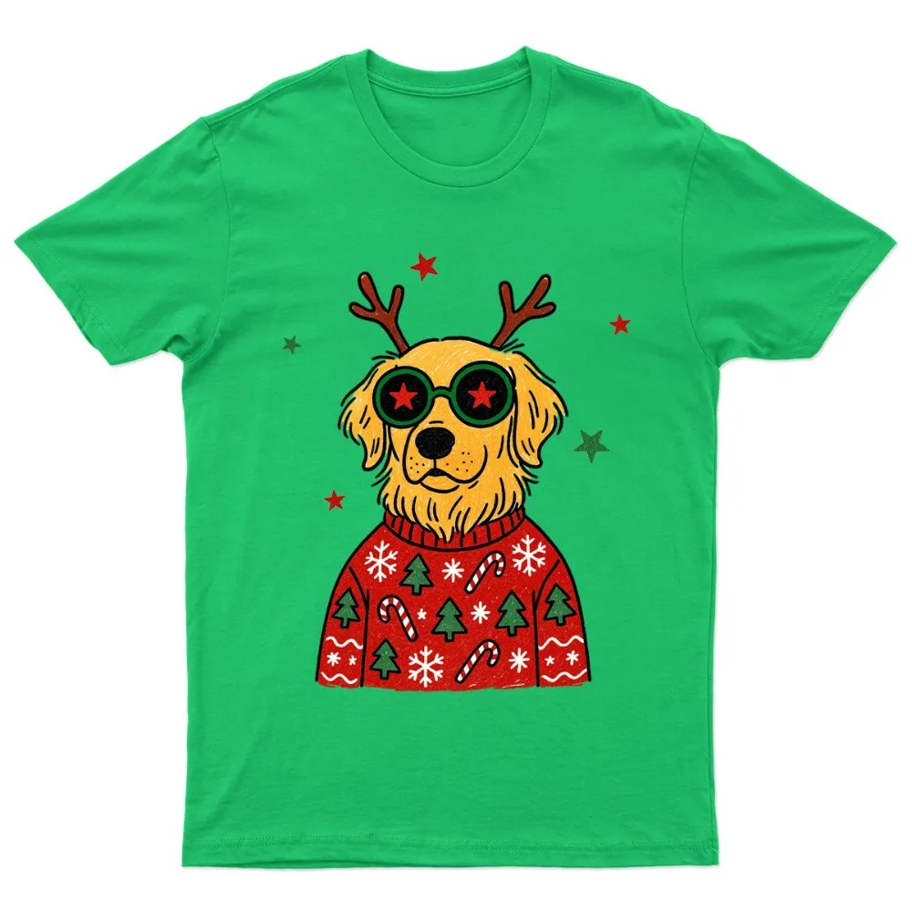 

Christmas Holiday Mens T-Shirt Funny Golden Retriever Antlers Sunglasses Xmas Graphic Shirt Retro Festive Party Casual Xmas Gift