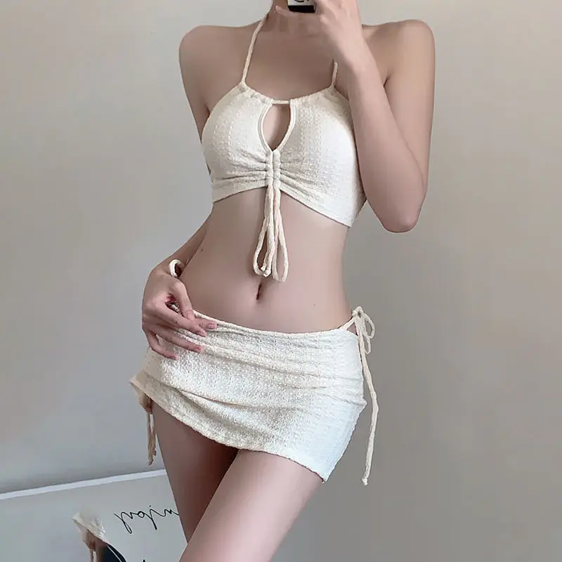 Women Sexy Halter Cut Out Lace Up Y2K 3pcs Swimsuit Sets Summer Vacation Outfits Bikini Skirt Push Up Solid Beach Wear Swimwears