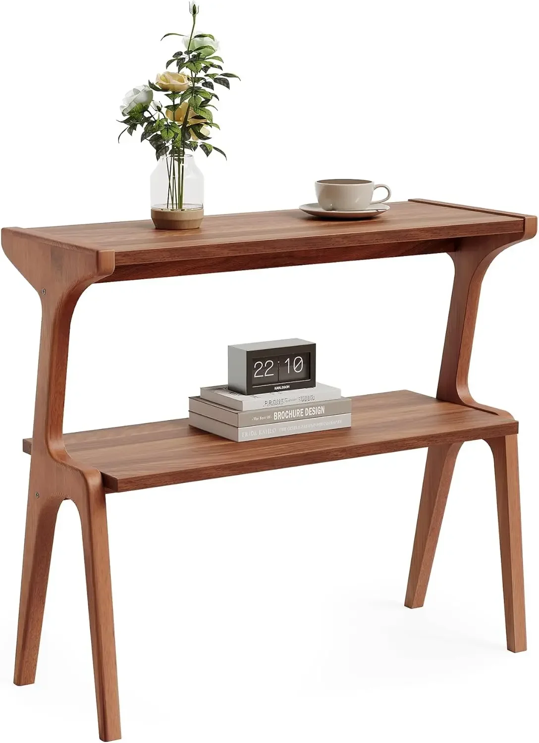 

1Easylife Narrow End Table, 2-Tier Wooden Sofa Side Table with Storage Shelf, Tall Slim Bedside Table Nightstand, Brown