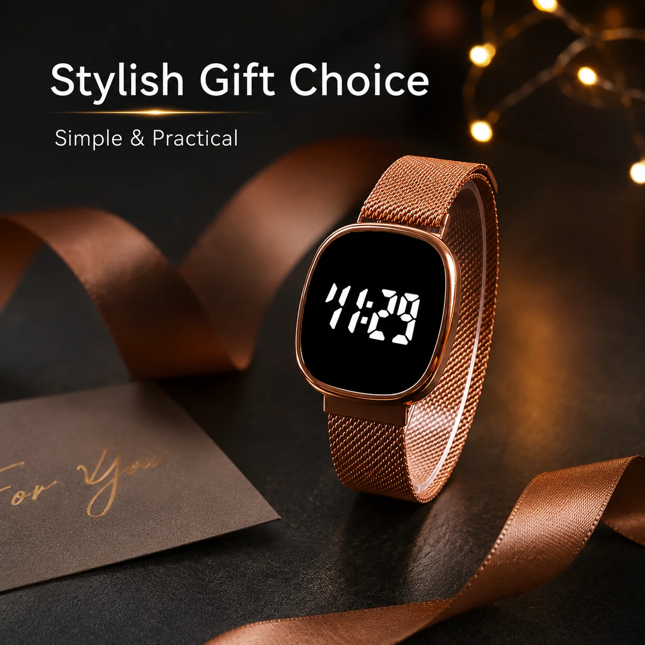 LED Digital Display Metal Mesh Strap Watch, Unisex Rounded Square Electronic Wristwatch.