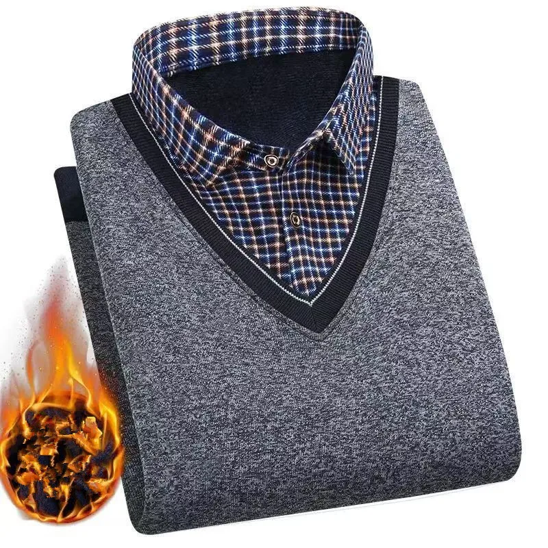 2026 Autumn/Winter Men's Thick Fleece Shirt Collared Sweater Fashion Check Solid Color Warm Hooded Shirt