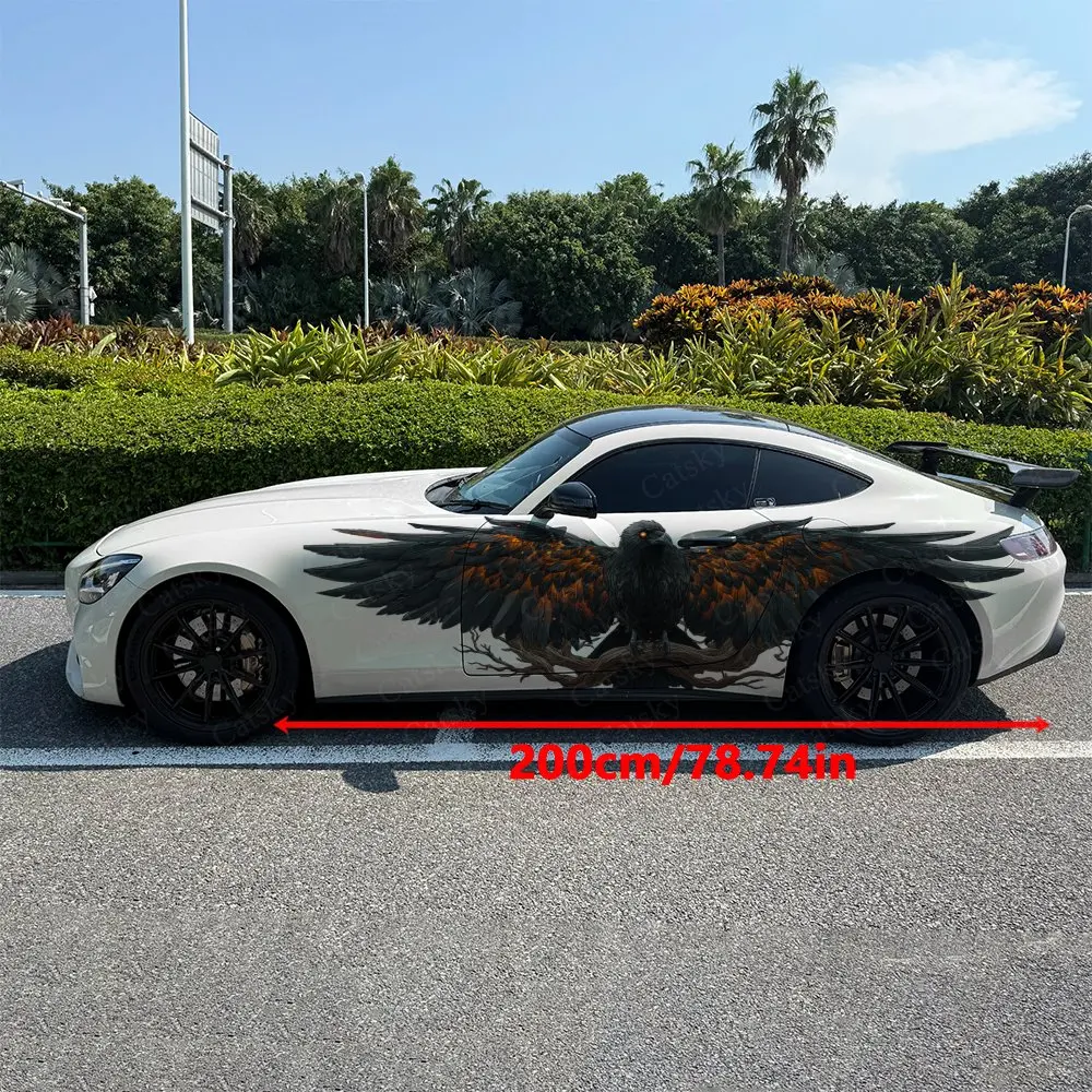 2pcs Ink Feather Golden Flame Raven Car Side Wraps, Self-Adhesive PVC Waterproof & Scratch-Resistant Sticker, Car Accessory Gift