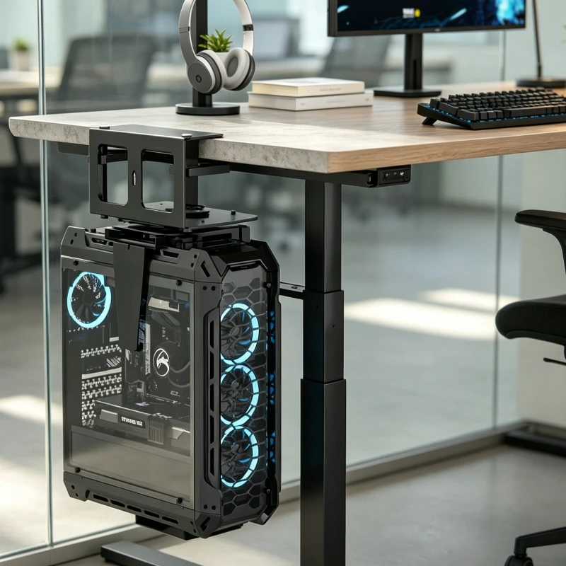 No Drill Computer Tower Mount with 360° Rotation, Adjustable Height Width, 30kg Capacity for Single Dual Beam Standing Desks