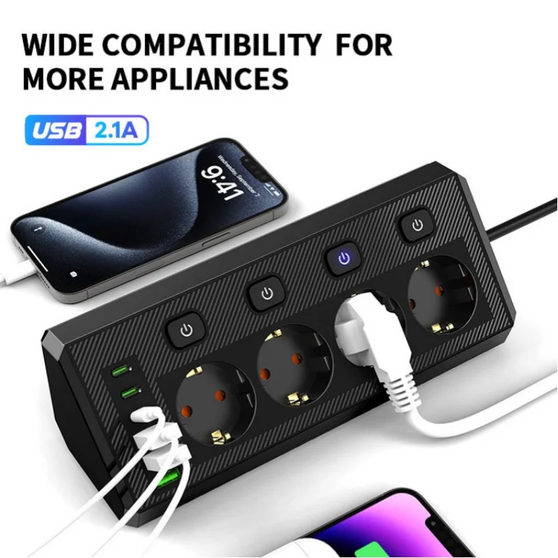 Eu Desktop Corner Power Strip Multi Plug Outlet With Independent Switch Control Extension Cord For Home Office