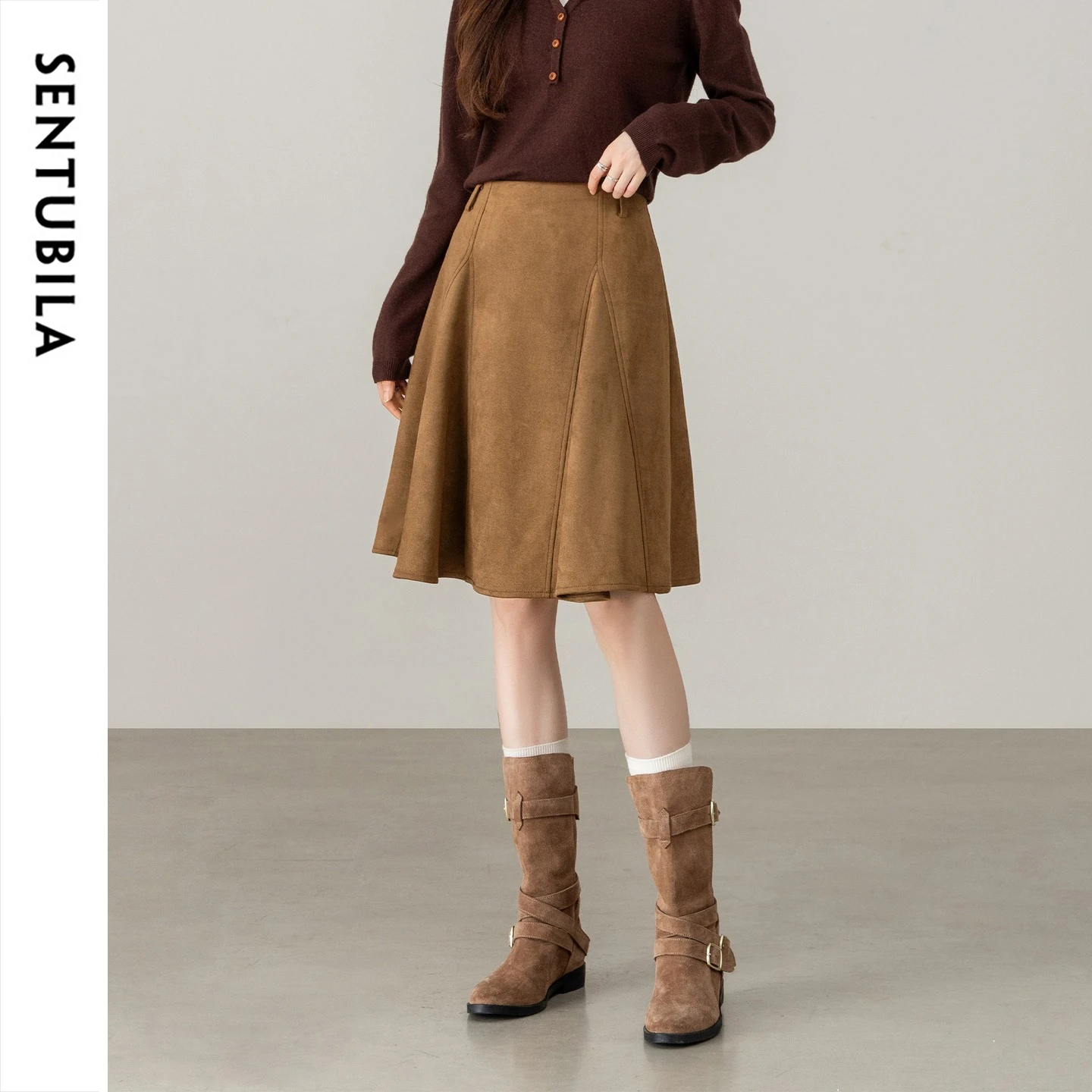 SENTUBILA Women A-Line Midi Skirt Suede Fabric Winter Petite Vintage Detachable Belt Elegant Daily Versatile Skirts 164QA8215