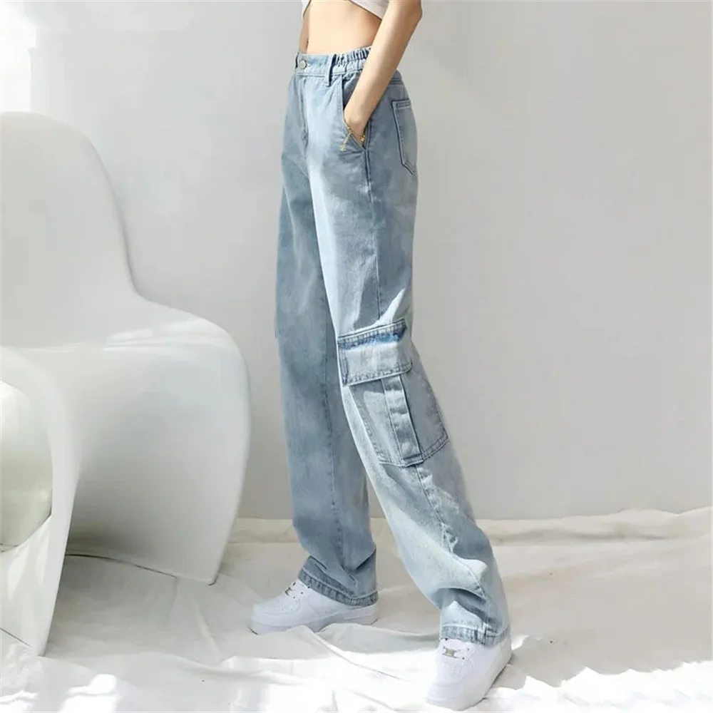 Multi Pockets Blue Loose Wide Leg Jeans High Waist Vintage American Cargo Pants Women Korean Fashion Streetwear Denim Trousers