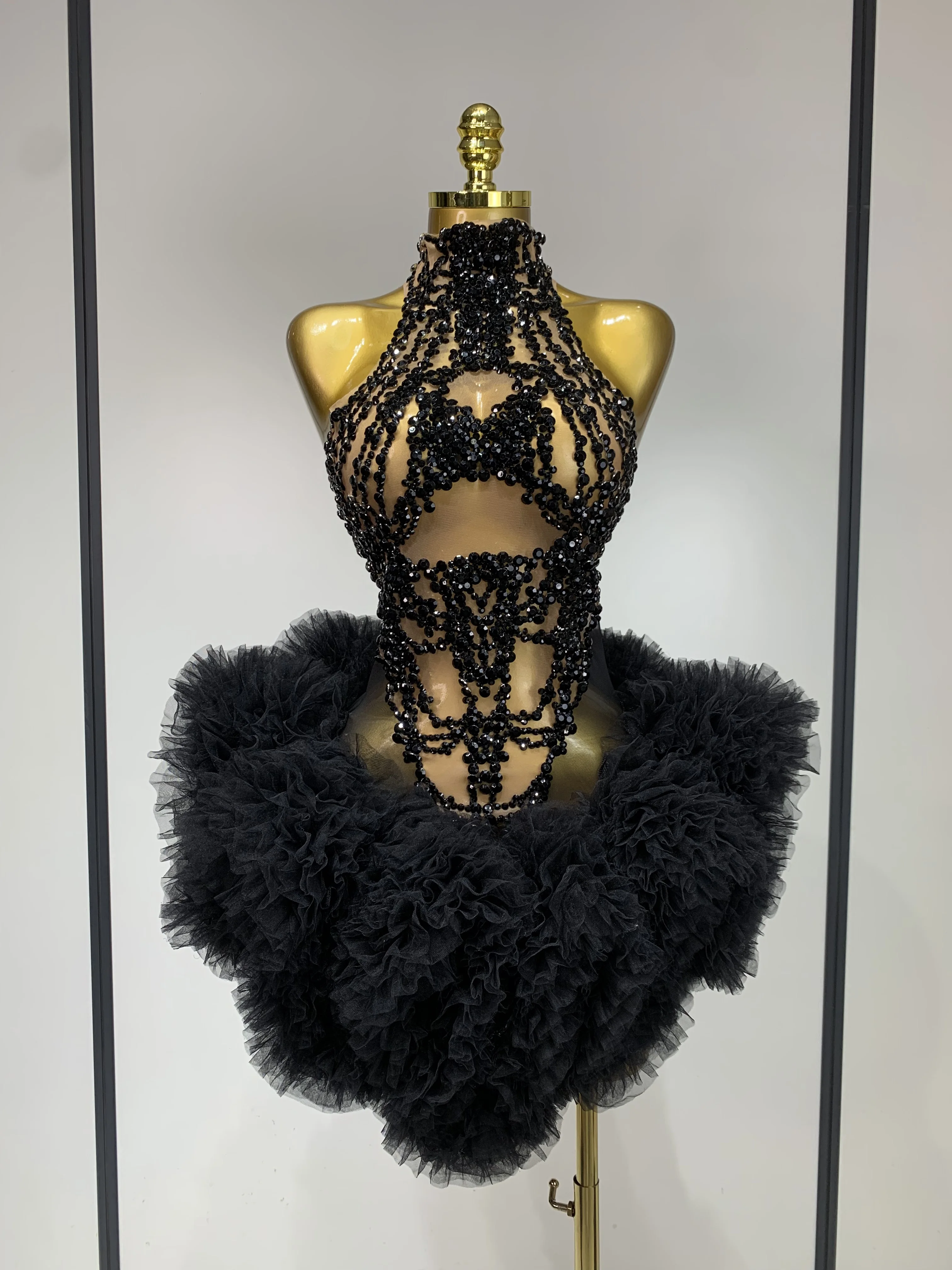 Luxury Women Sexy Sparkly Rhinestone Sleeveless Mesh See Through Bodycon  Mini Birthday Dress Evening Party Performance Costume