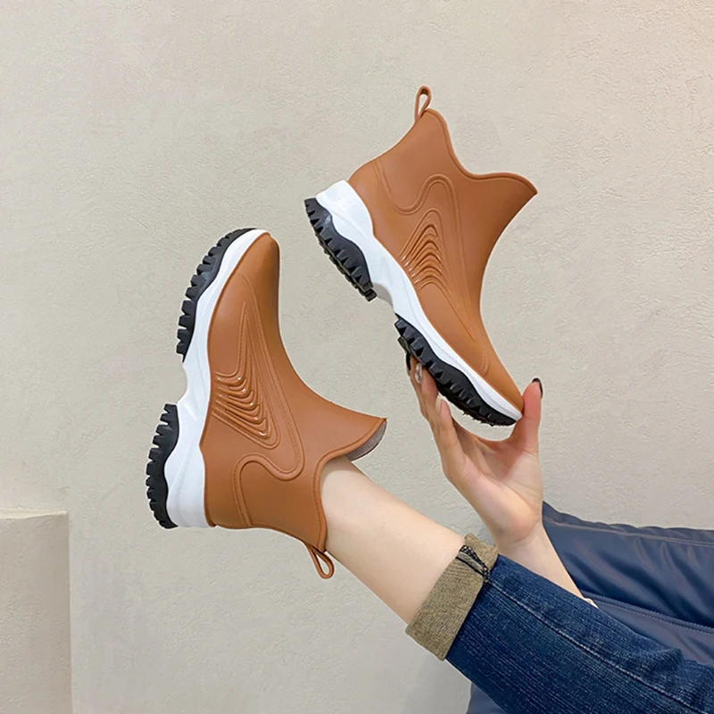 Thick Bottom Ankle Boots Women Waterproof Anti-slip Rain Shoes Ladies Fashion Slip On Short Boots Kitchen Outdoor Working Shoes