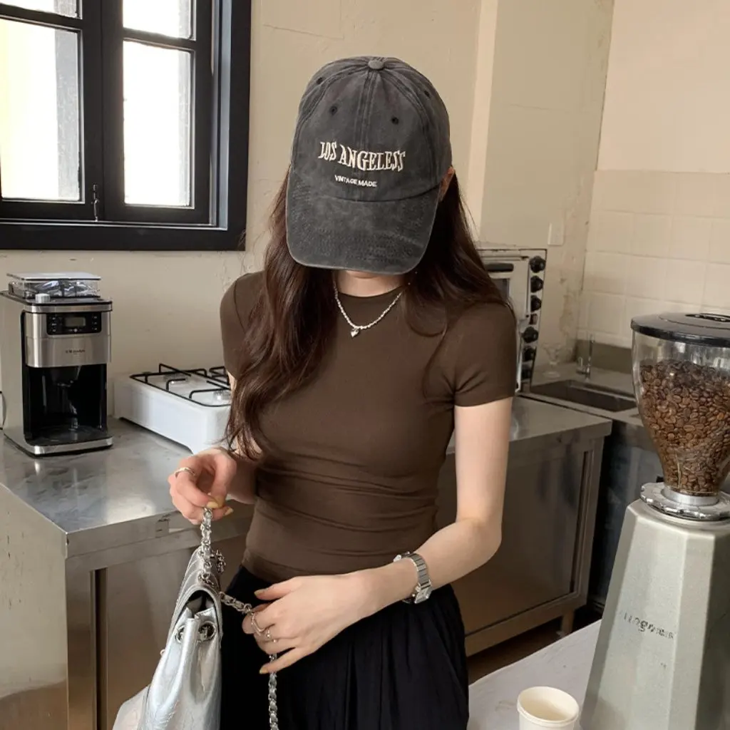 

Женская облегающая однотонная футболка с круглым вырезом и коротким рукавом, эластичная высокая талия, повседневный летний топ