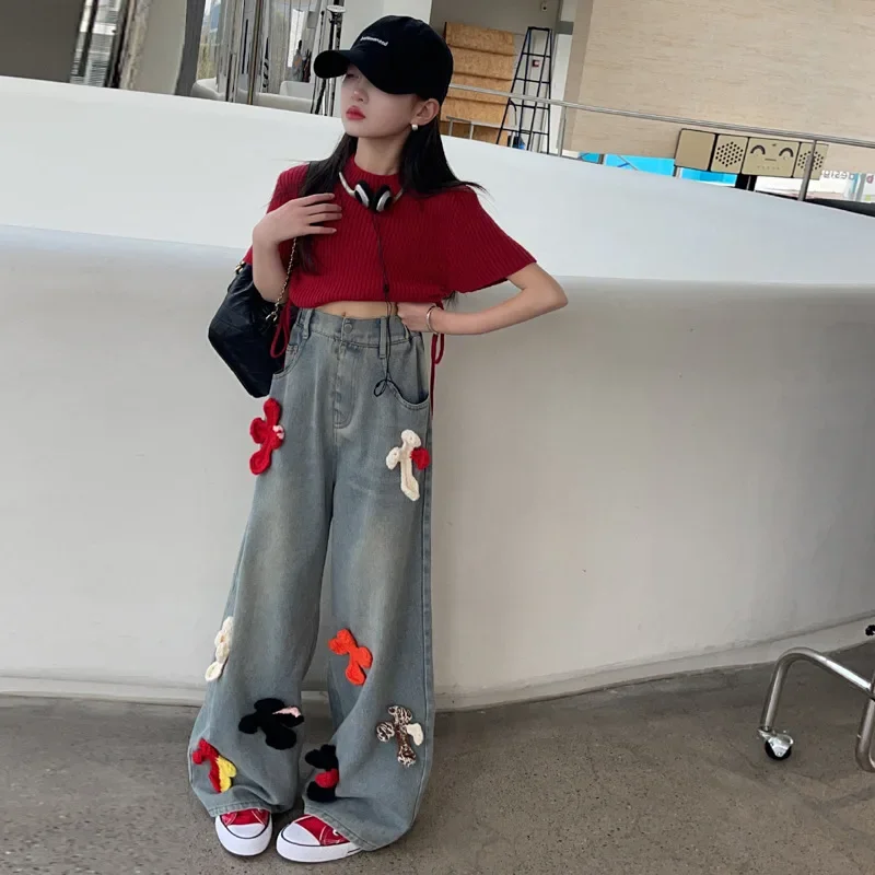 

Girls' Pants Spring and Autumn 2024 New Big Boy Fashionable Loose Wide Leg Pants Children's Floor mopping Jeans