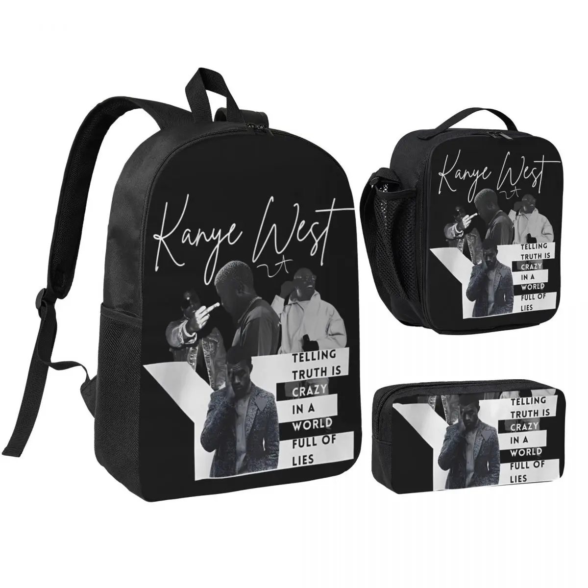 3Pcs Kanye West 2026 Prints School bags Set for Boy Girl Pen Bags Backpack Sets with Lunch Box For School Students Daypack