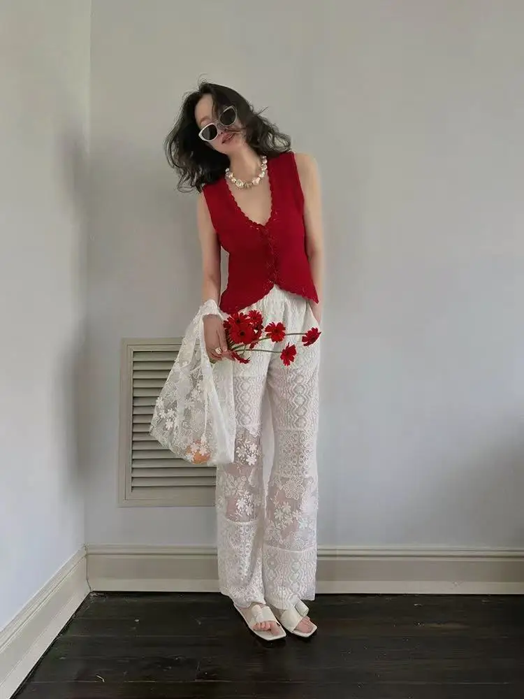 

Sweet and elegant lace embroidered patchwork, tight and loose, high-waisted, versatile, slimming, wide-leg pants, casual pants