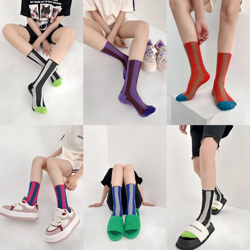 Unisex For Men Woman Line Color Matching Vertical Stripes Mid Tube Socks Double Needle Double Road Design Cotton Sports Socks