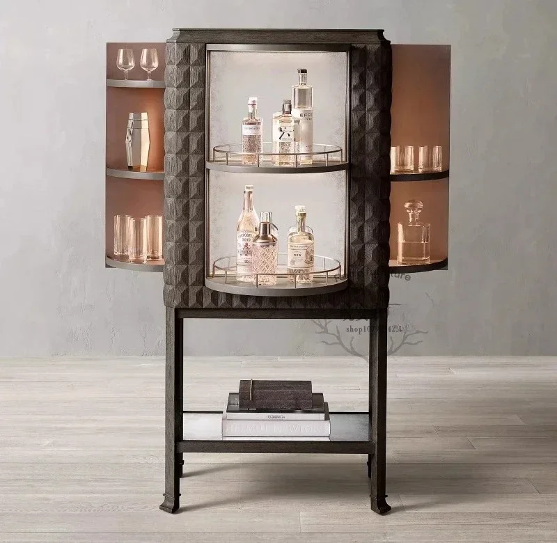 A  Oak carved retro side cabinet American simple solid wood wine cabinet porcelain cabinet