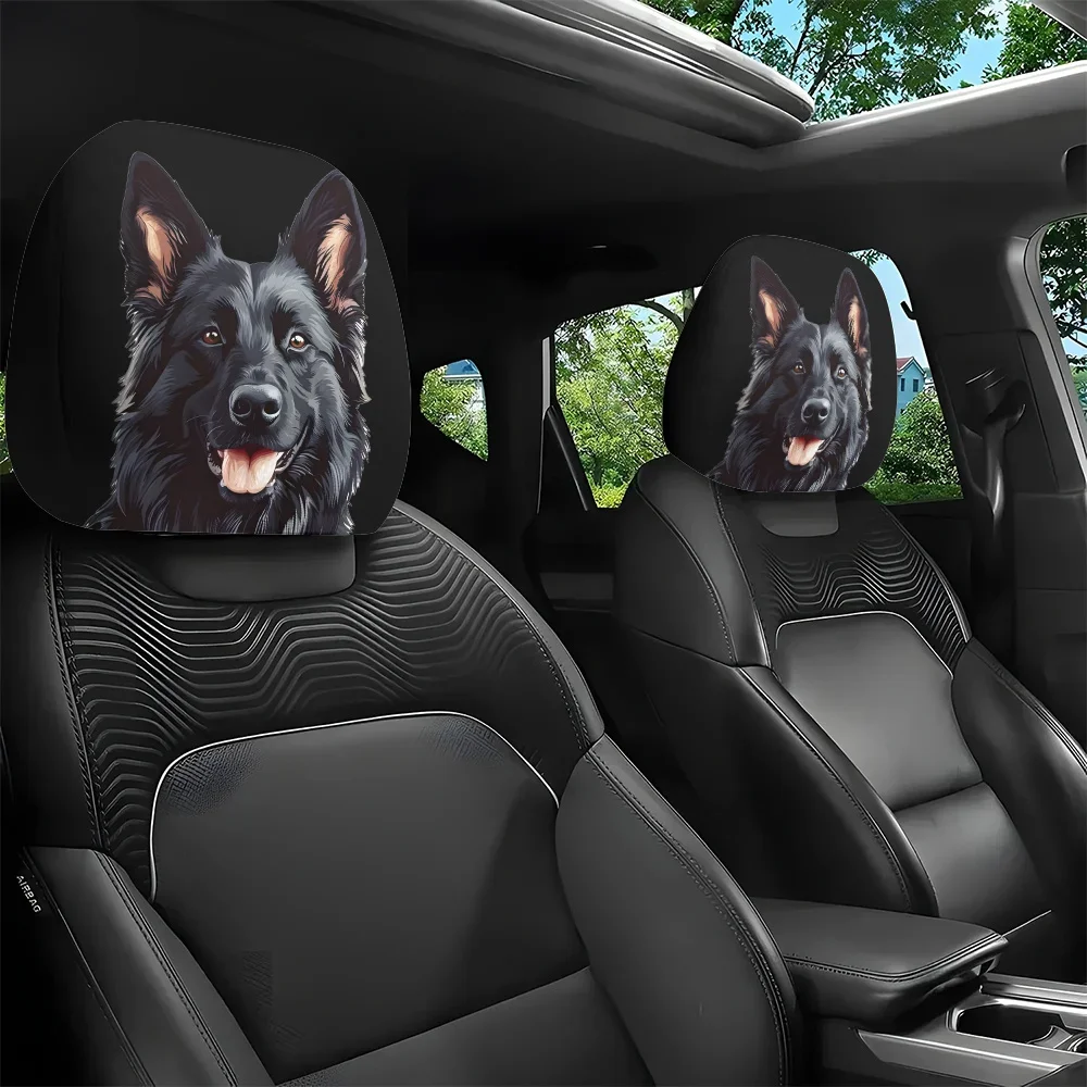 2 Pcs Black German Shepherd Print Car Headrest Covers Car Interior Decor Fit Washable Easy To Install