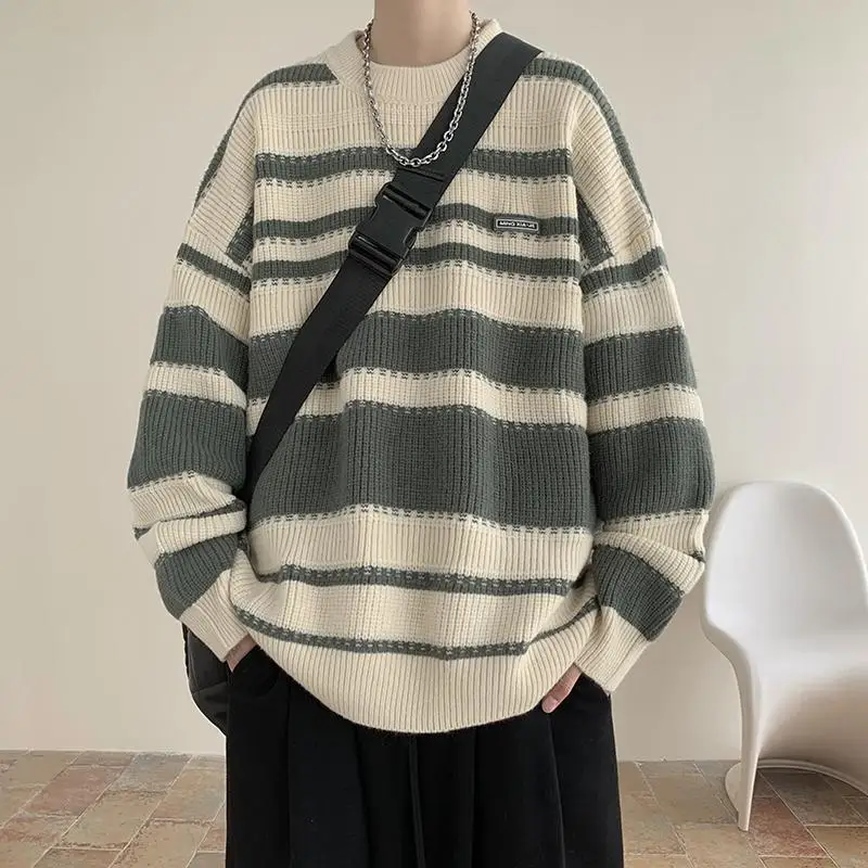 

Мужской вязаный свитер свободного кроя в полоску с длинным рукавом и круглым вырезом, повседневный, в американском ретро-стиле, для осени и зимы