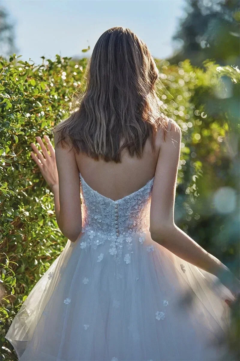 Flavinke personalizado elegante Sexy Sweetheart A-Line vestidos de novia Apliques de encaje Bohemia sin mangas vestidos de novia de tul