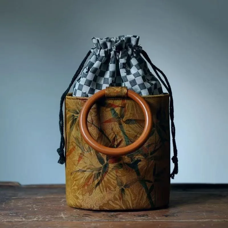 Wooden Handle Circular Vintage Bucket Bag 2024 New Handbag Women Art Retro Chinese Style Bags Silk-like Medieval Top-Handle Bags