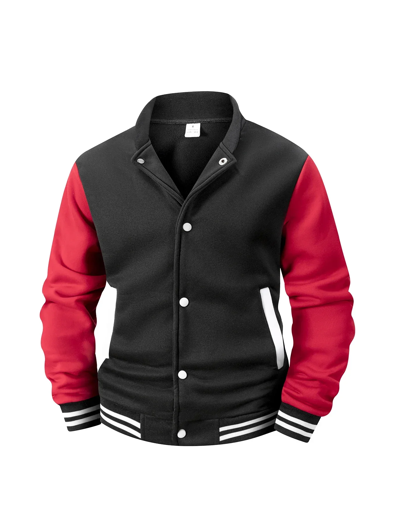 Men Beige White Color Block Varsity Jacket Striped Rib Collar Long Sleeve Button Front Casual Street Baseball Coat