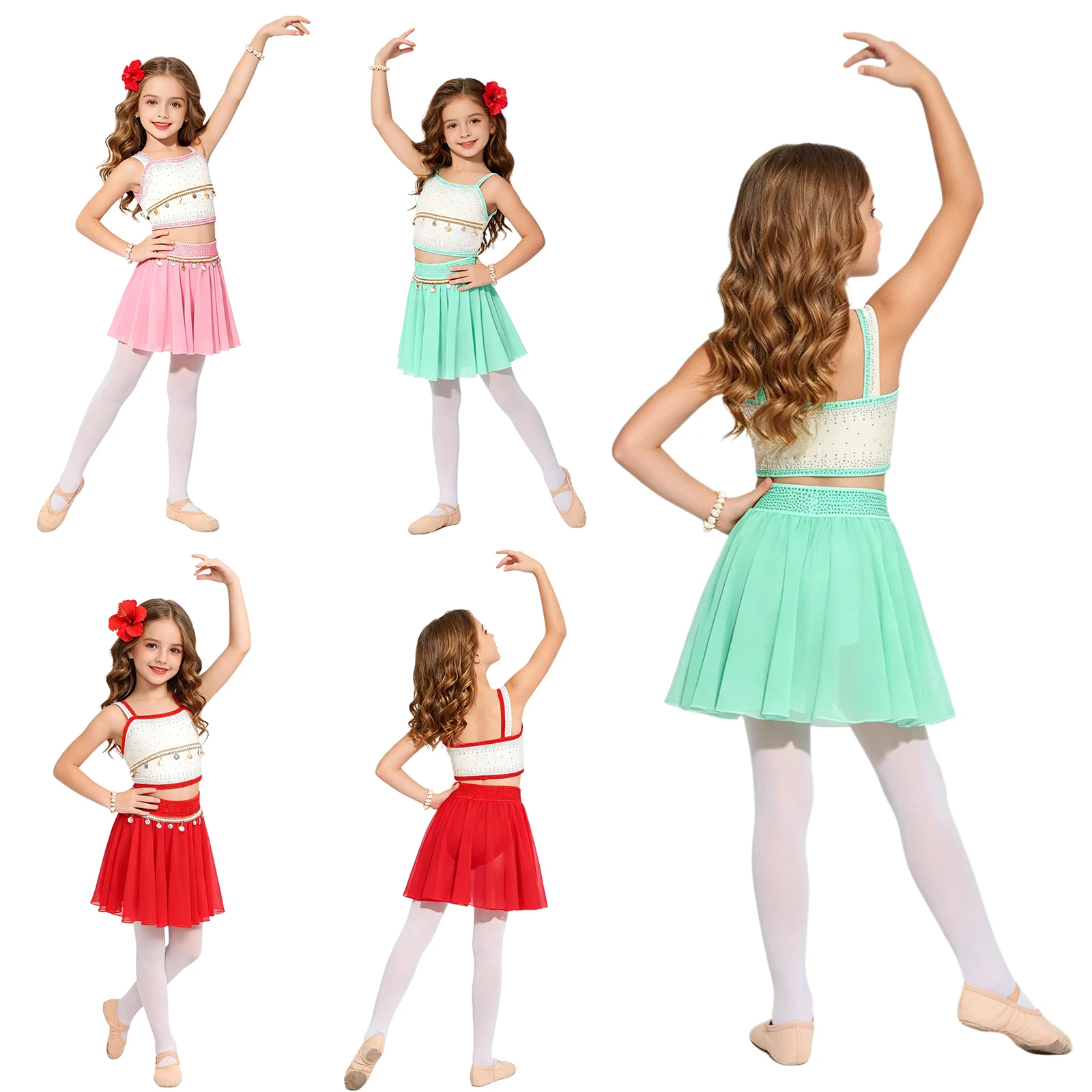 

halloween Princess Dress Up Costume Sequin Shell Tassel Rhinestone Cosplay Dance Outfit Spaghetti Crop Top with Chiffon Skirt