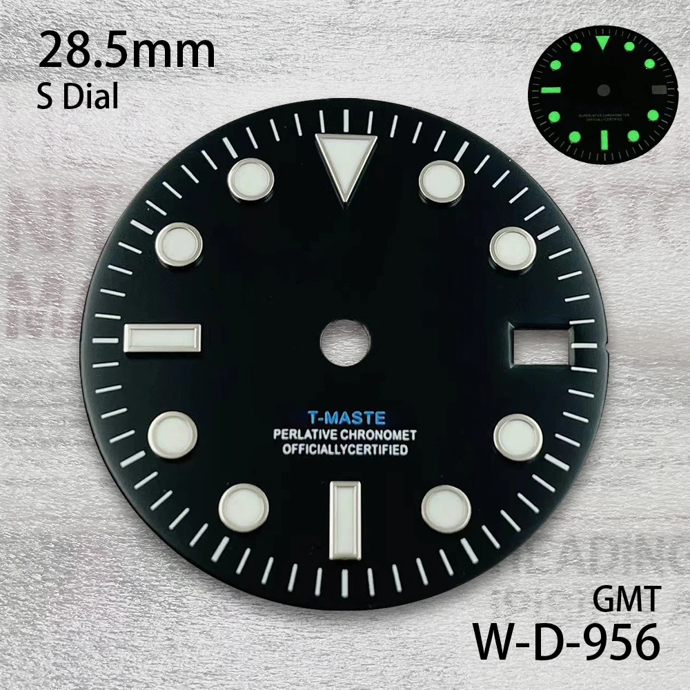 28.5mm S Logo GMT Black Dial Fit NH34 Movement Green Luminous Watch Modification Accessories
