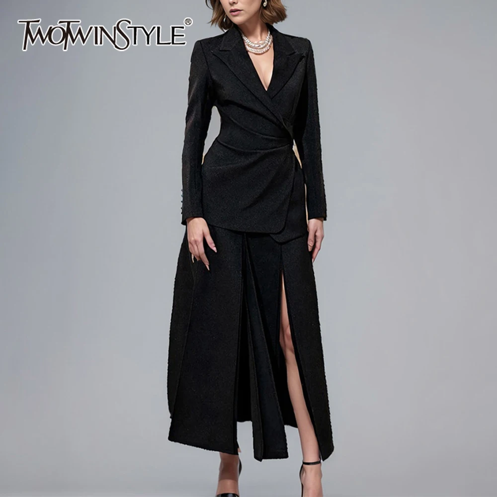 TWOTWINSTYLE Solid Two Piece Set For Women Notched Collar Long Sleeve Tunic Blazer High Waist Split Skirt Minimalist Sets Female