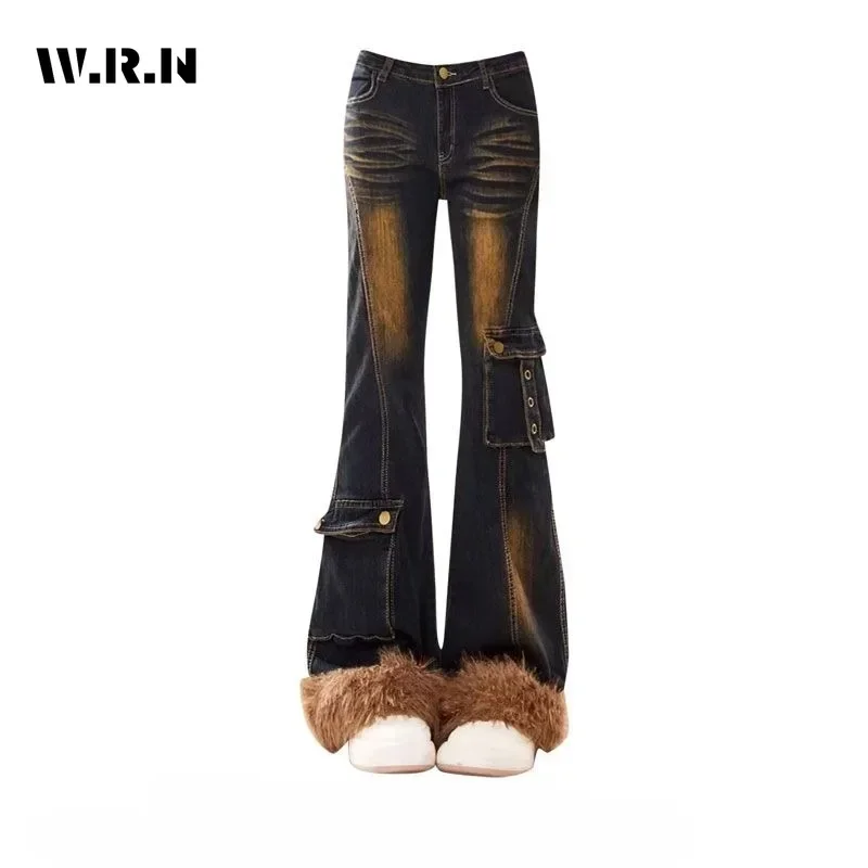 Female Harajuku Sheath High Waist Flared Jeans Retro Y2K Pants Hight Street Women Vintage Slim Tassels Patchwork Denim Trouser