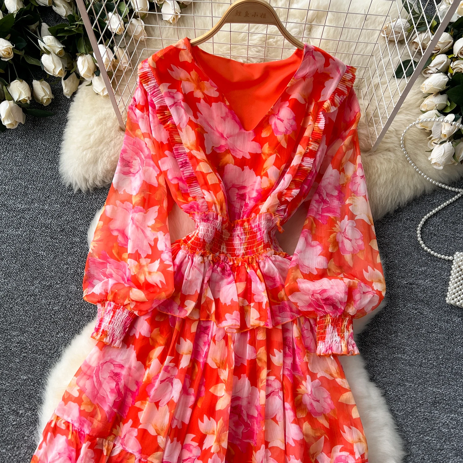 Chic Ruffle print V Neck Dress Chiffon A-line Casual Korean Fashion Women Elegant Vestidos summer sweet dresses