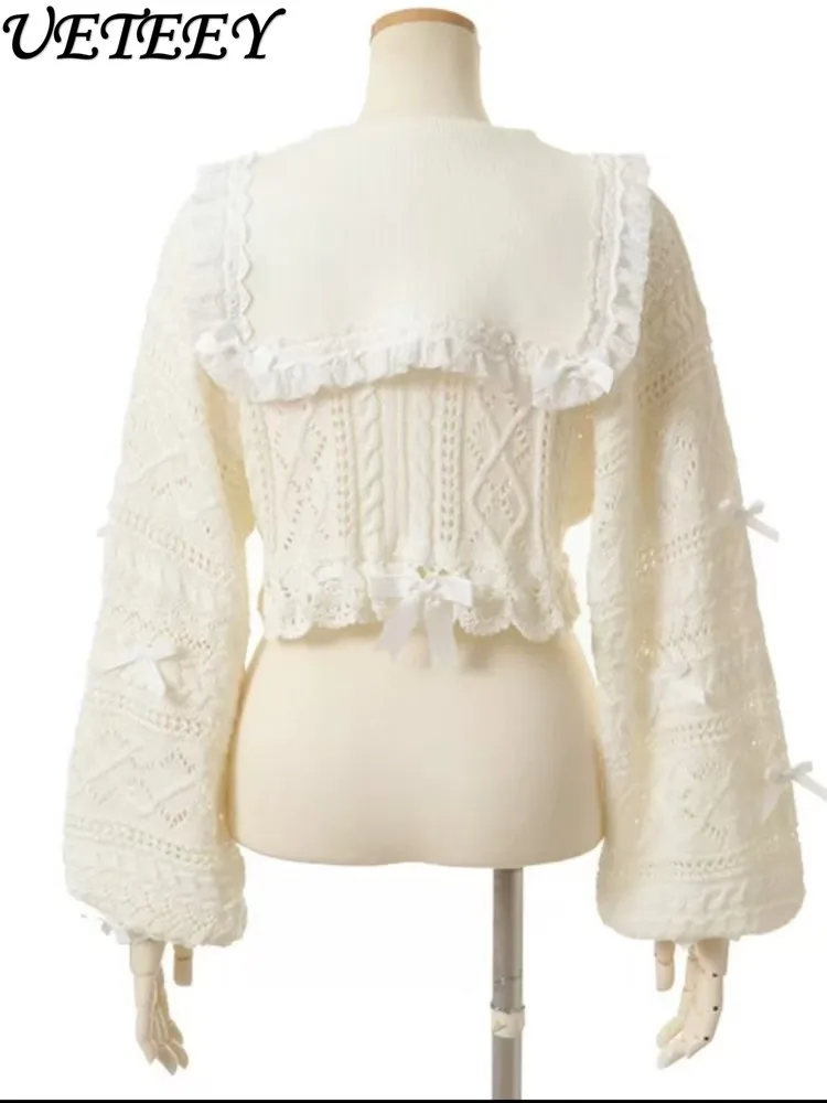 

Japanese Long-sleeved Sweet and Cute Lace Bow Sailor Suit Short Sweater Cardigan Coat Women High Waist Fashion Short Liz Skirt