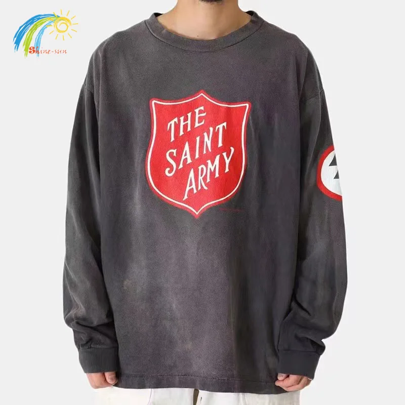 Streetwear Oversized Red Letter Logo Printing Saint Long Sleeved T-Shirt Men Women Vintage Washed Grey T Shirts Top