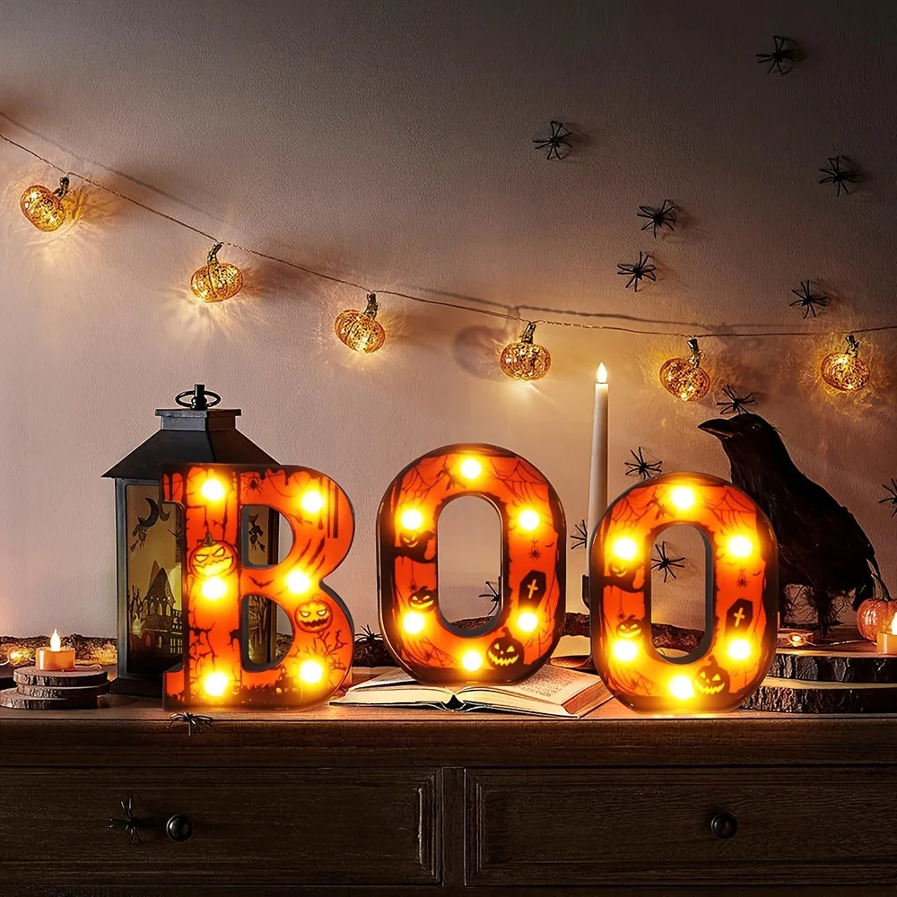 3 LED Light Up Letters Boo Indoor Halloween Decorations Room Wall Decoration Warm Light Battery Operated Letters