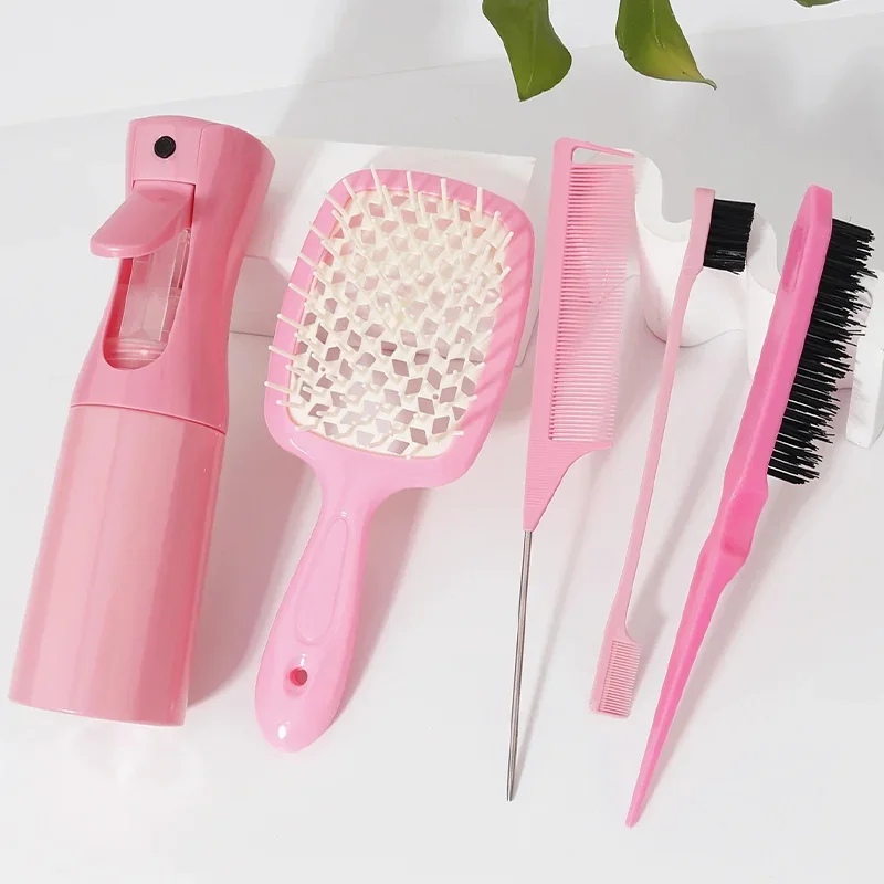 Conjunto de ferramentas para cabelo, 5 peças, almofada de ar, pente oco, massagem no couro cabeludo, pente de cauda de rato, escova de controle de borda, garrafa de spray de cabelo, salão de beleza