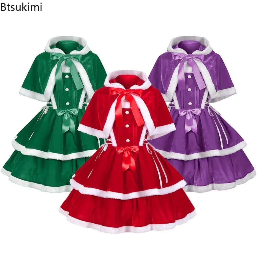 

2026 Christmas New Year Party Women's Velvet Outfit Solid Color Cosplay Costume Clothes Santa Dress Clothing Cape Sets for Women