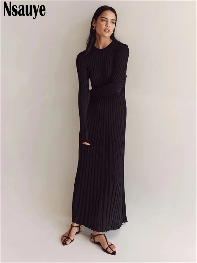 Nsauye Pullover Knitted Casual Fashion Long Sleeve Maxi Sweater Pleated Dress Winter 2024 Women Sexy Party Club Holiday Dresses